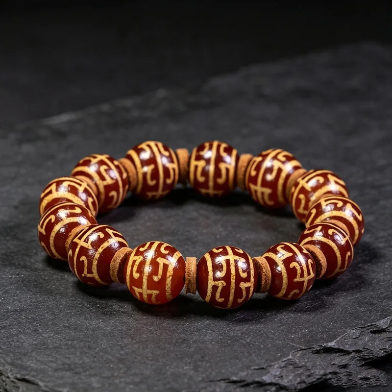 Tibetan Western-style ancient design/red chalcedony agate/engraving craftsmanship/unbounded dharma artifact 14mm bead bracelet