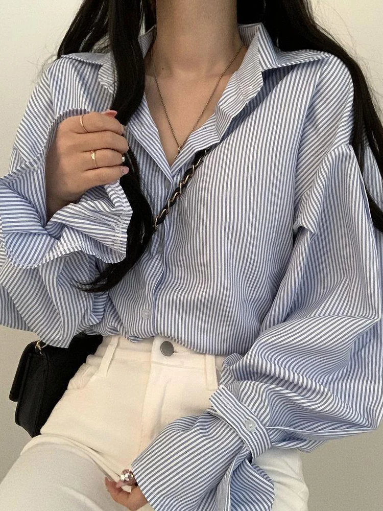 

Blue Striped Shirts Women Korean Fashion Vintage Blouse Female Preppy Style Long Sleeve Tops Ladies Loose Single Breasted Blusas