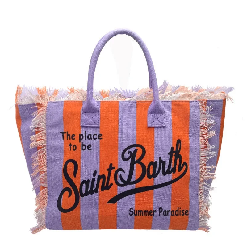 Light Luxury New Women\'s Large Capacity Tote Bag Fashion Comfortable Casual Travel Canvas Bag Striped Handmade Tassel Handbag
