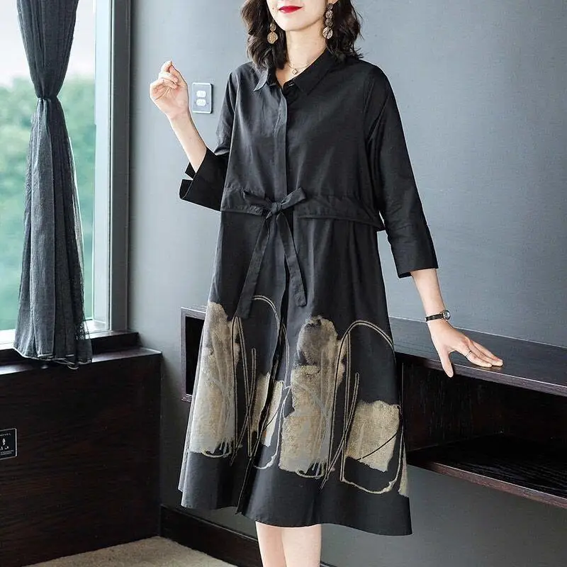 2023 Summer New Drawstring Temperament Casual Simple 3/4 Sleeve Versatile Mid Length Fashion Trendy Women's Clothing Dresses