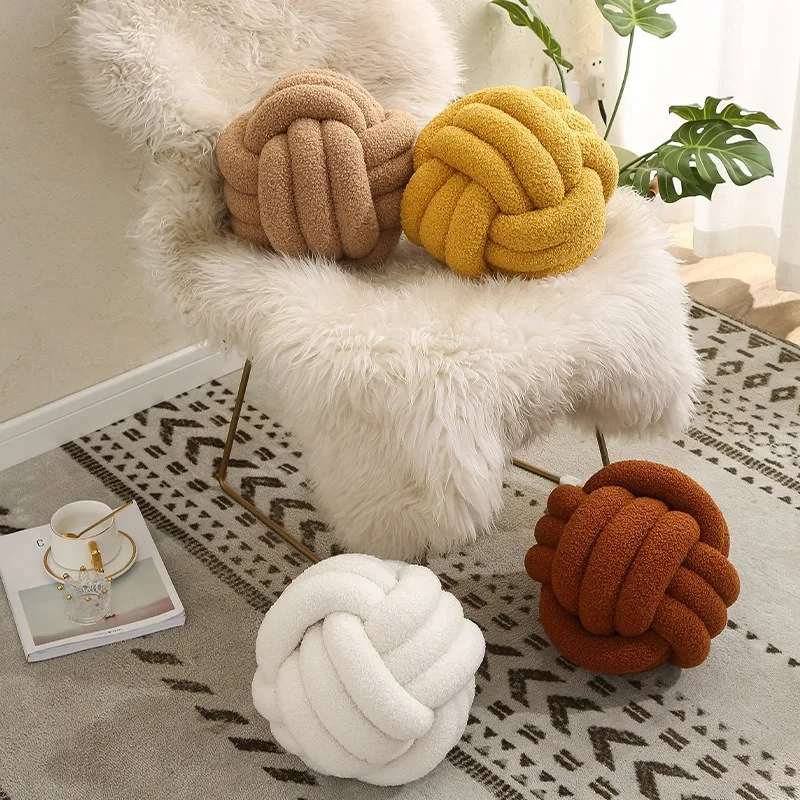 Hand-woven Knotted Ball Pillow Lamb Velvet Roll Pillow Sofa Living Room Household Cushion