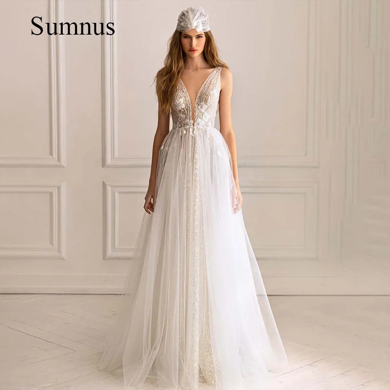 

Sumnus Illusion Tulle Wedding Dress Deep V Neck Flower Lace Appliques A Line Bridal Gowns Boho Wedding Gown 2024 Robe de Mariee