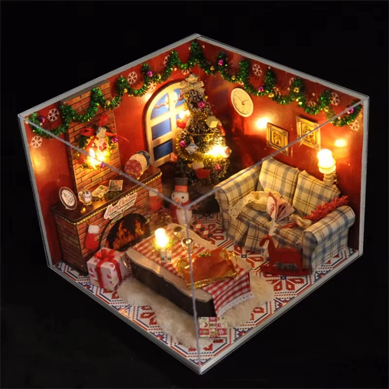 Christmas Gifts DIY Wooden Snowman Cottage Miniature Model Kits With Furniture Casa Dollhouse for Friends