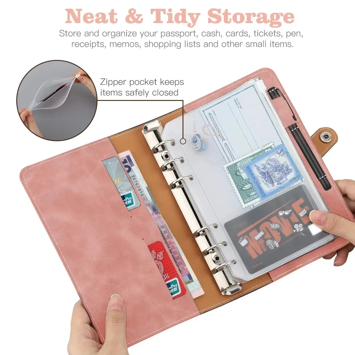 2024 Budget Binder A6 PU Leather Notebook Cash Envelopes System Set Clip-On Binder Pockets For Money Saving Bill Organizer Gifts