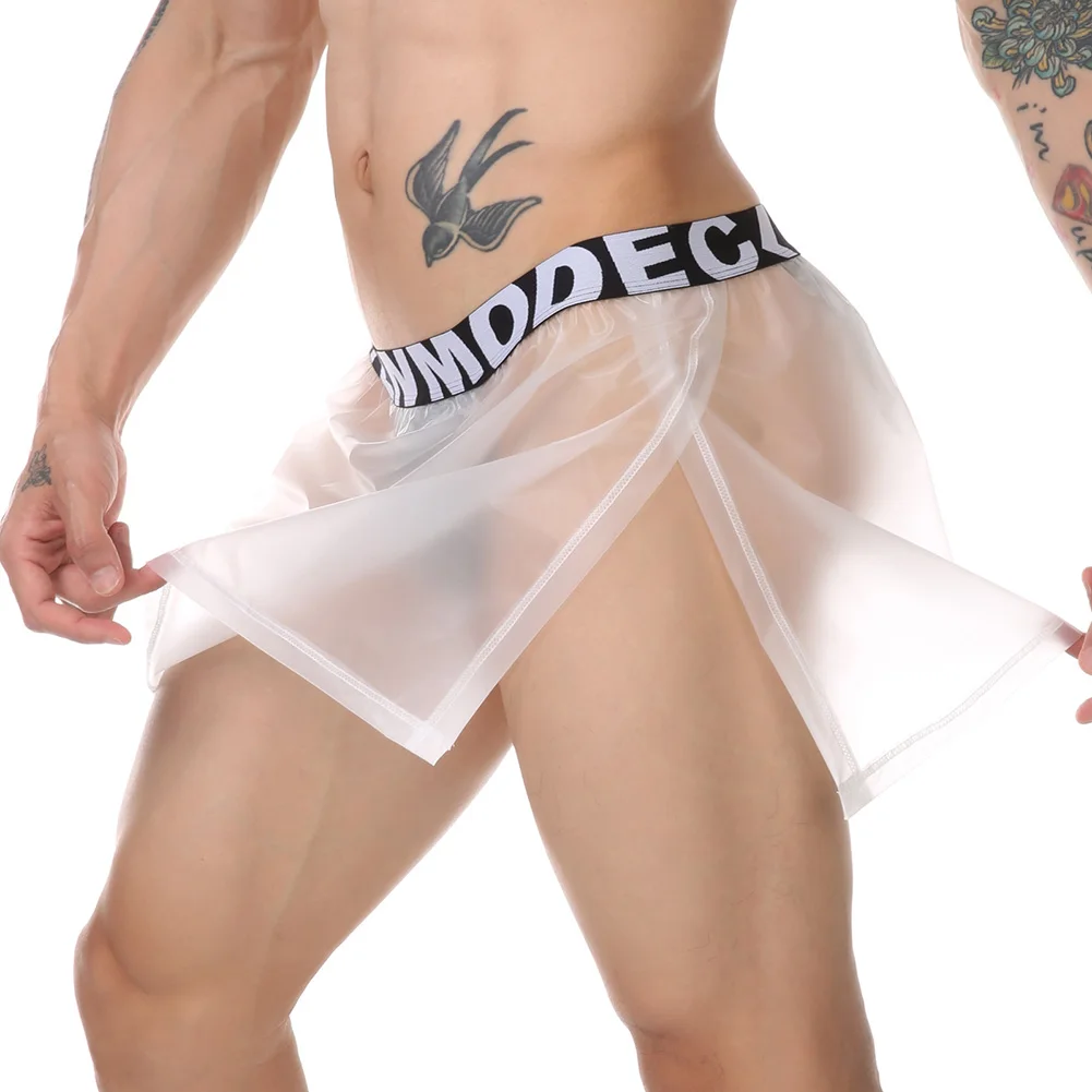 Sexy Lingerie Mens Transparent Underwear Ultra-Thin Boxers Shorts Side Split G String Lounge Underpants Gay Sissy Pouch Trunks