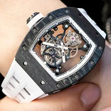 CRONUSART Men Tourbillon Watch Tonneau Mechanical Wristwatch Carbon Fiber Case Sapphire Mirror Luminous Skeleton Dial FKM Strap