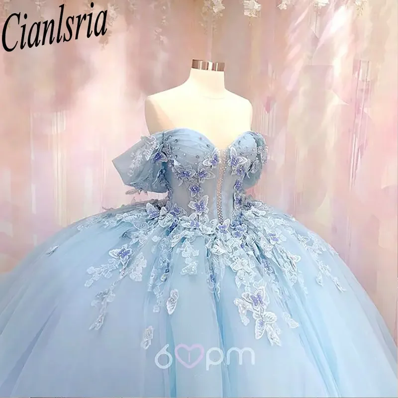 Light blue off the shoulder quinceanera dresses ball gown pearls beading appliques lace corset vestidos de XV anos