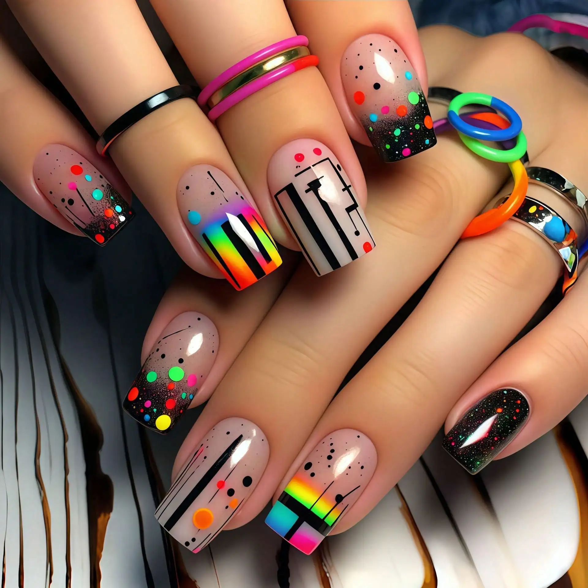 

Jelly Glue + Rubber StripMedium-Long European-Style Square Nail Art, New Year Spring-Summer Fashion Nail Art, Colorful Gradient