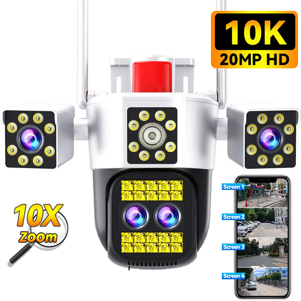 

10K UHD Wireless CCTV IP Camera Four Screen Video Surveillance 20MP PTZ 10X Optical Zoom Waterproof CCTV Camera Outdoor