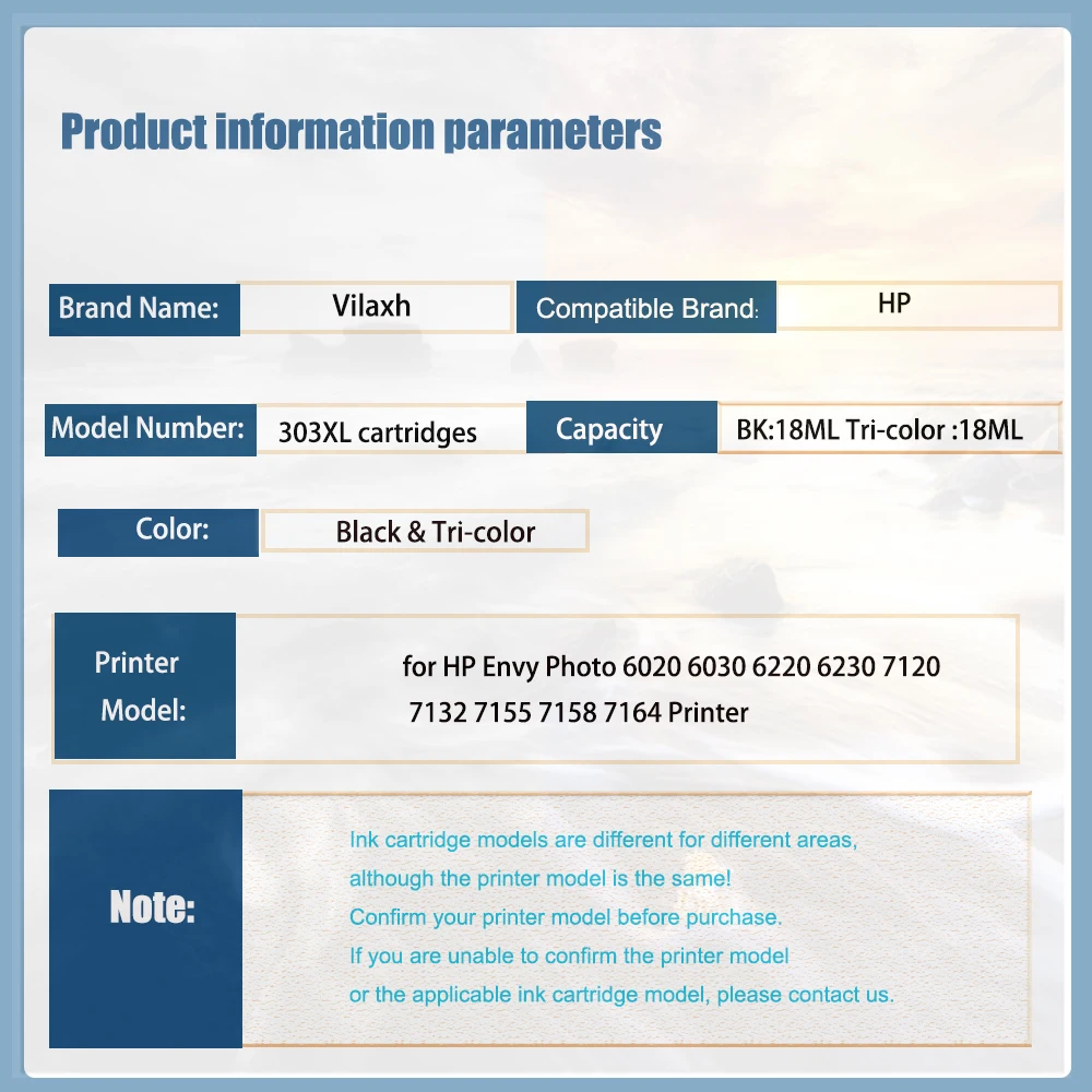 Vilaxh303XL Replacement for HP Envy Photo 6020 6030 6220 6230 7120 7132 7155 7158 7164 Printer for HP 303 XL hp303 Ink Cartridge