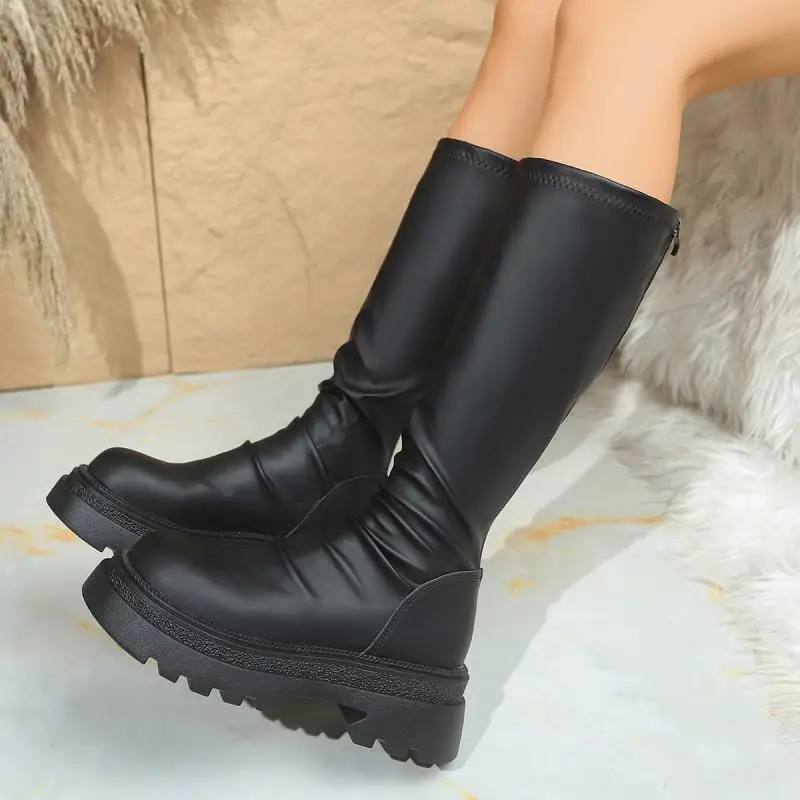 Sexy Black Thick Bottom Knee High Boots Women 2026 Winter Comfort Platform Thick Heel Elastic Long Riding Boots Plus Size Shoes view 4