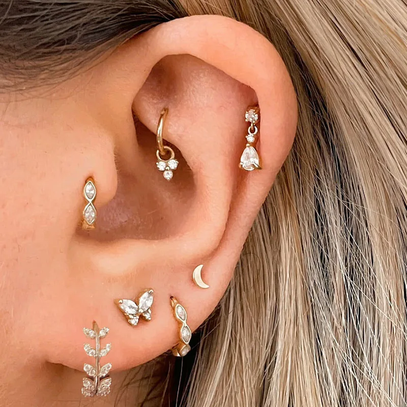 1PC Tragus Rook Helix Ear Piercing Earring For Women Butterfly Zircon Ear Cartilage Drop Piercing Moon Ear Hoop Lobe Jewelry