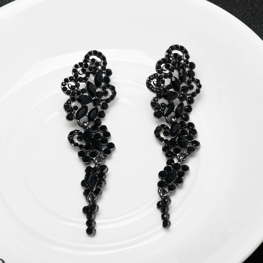 Fashion Black Crystal Flower Earrings For Women Lady Wedding Long Dangle Earrings Fashion Bridal Earrings