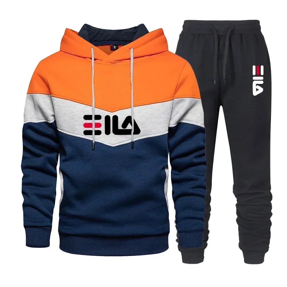 New 2025 autumn/winter men's sports hoodie set, outdoor fashion three-tone thickened men's pullover hoodie + long pants sports 2