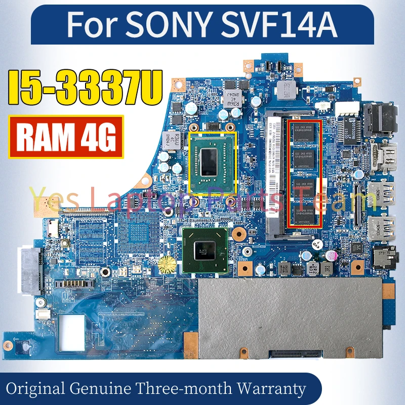 DA0GD5MB8E0 For SONY SVF14A Laptop Mainboard  I5-3337U RAM 4G 100％ Tested Notebook Motherboard