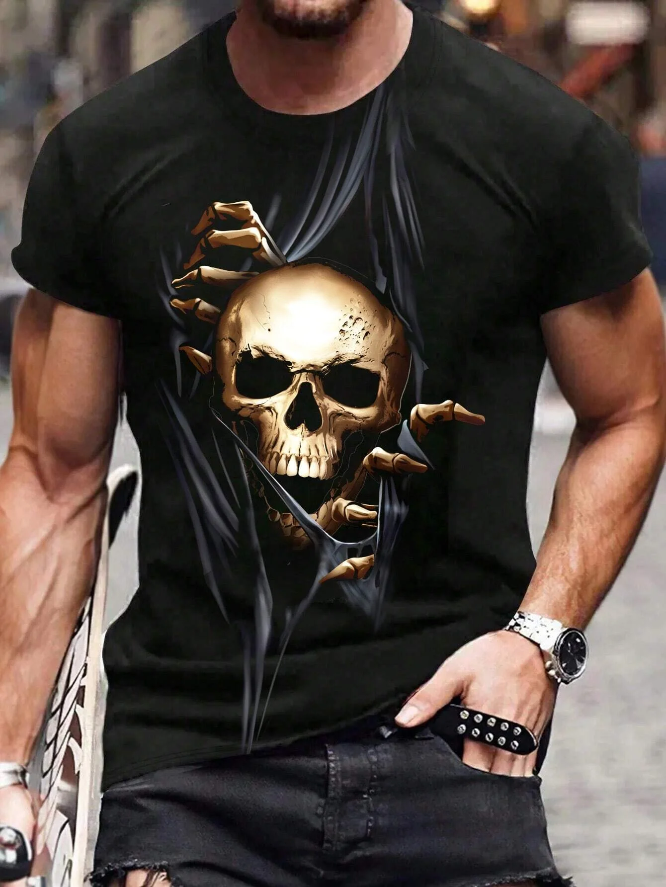أزياء الرجال تي شيرت خمر الجمجمة تي شيرت مطبوع Harajuku الرعب قصيرة الأكمام المحملة القمم الترفيه س الرقبة الرجال تي شيرت غير رسمي