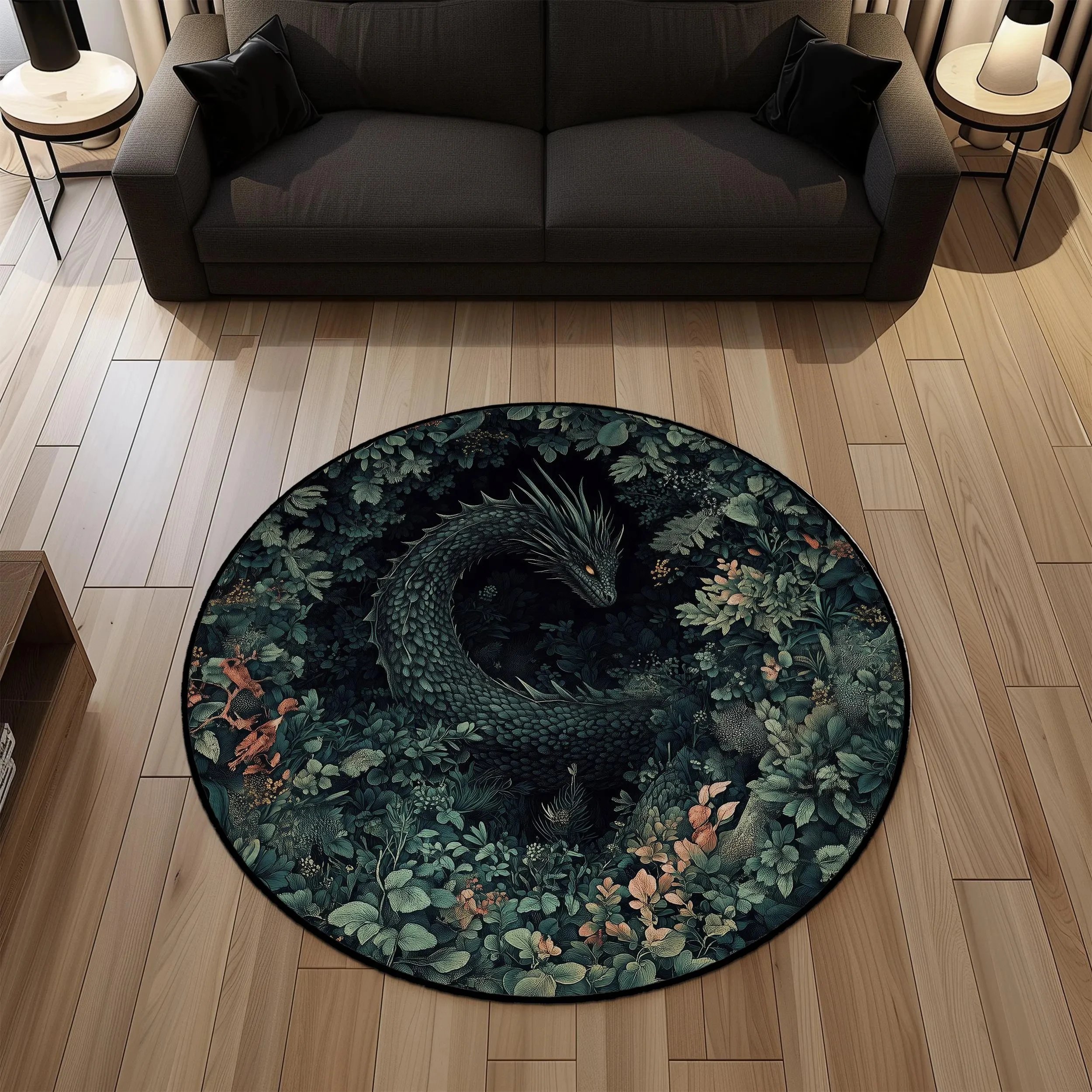 1pc Fantasy Forest Dragon Pattern Round Rug, Non-slip Floor Mat for Living Room, Bedroom, Bathroom, Holiday Home Decoration
