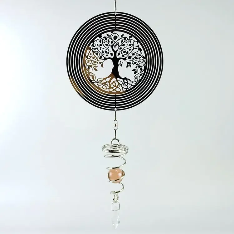 Wind Chime Laser Carving Tree of Life Flowers Mandala Stereoscopic Effect Rotate Wind Chimes Spinning Sequins Hanging Decor