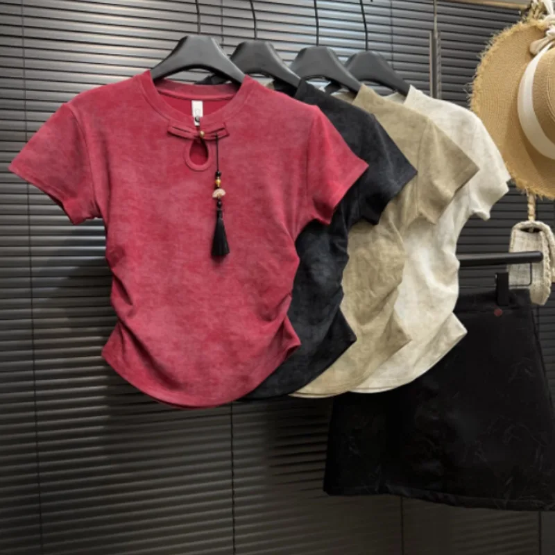 Frauen Sommer Kurzarm T-Shirts solide O-Ausschnitt elegante Schnalle Dekoration schlanke lässige weiche hochwertige Damen bekleidung T-Shirts