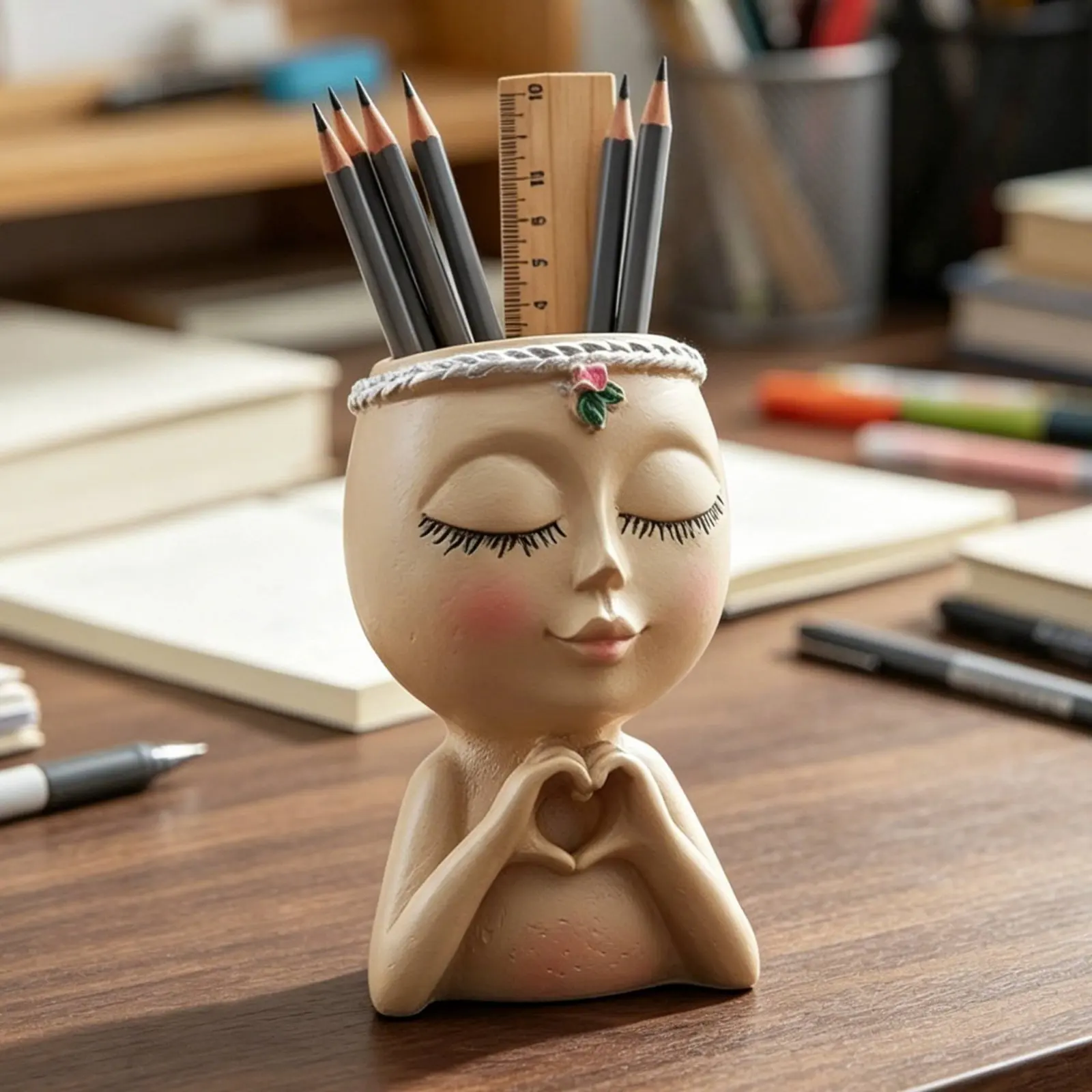 Girl Figurine Pen Holder Multi-Functional Cactus Head Planter Head Planter Pot Decorative Cute Face Pot for Desk, Bedroom