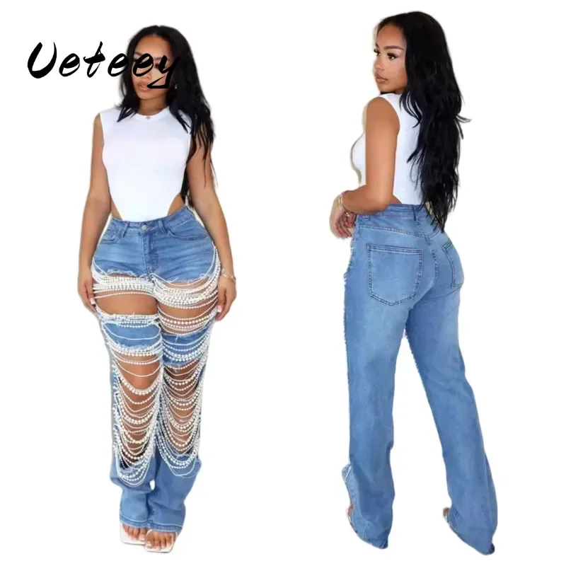 Ueteey Blue Jeans for Women High Wasited Pearl Chain Decoration Streetwear y2k Long Denim Trousers Womens Ripped Baggy Jeans