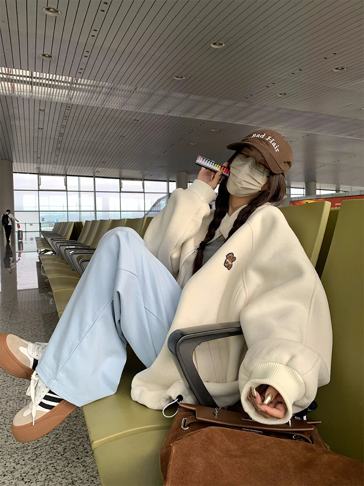 

Bear Fce Jaet, свободная повседневная длинная женская верхняя одежда из полиэстера, утягивающая одежда, новинка зимы 2029, ленивый корейский