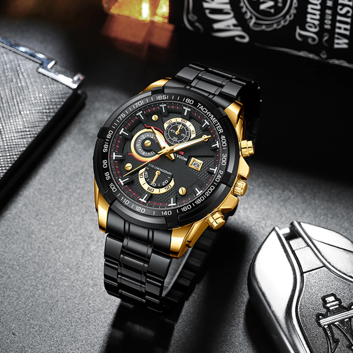 VA VOOM Mens Sports Watch 47mm Large Dial Black Rose Gold Stainless Steel Night Light Military Quartz Movement Men Wristwatches