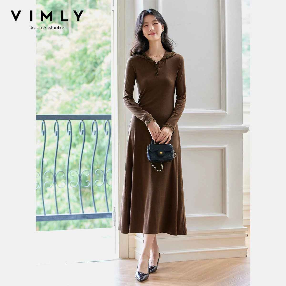 

VIMLY Brown Midi Women‘s Elegant Dresses 2025 Autumn Lace Hooded Dress Long Sleeve Slim Ladies Dress Woman Clothing A2023