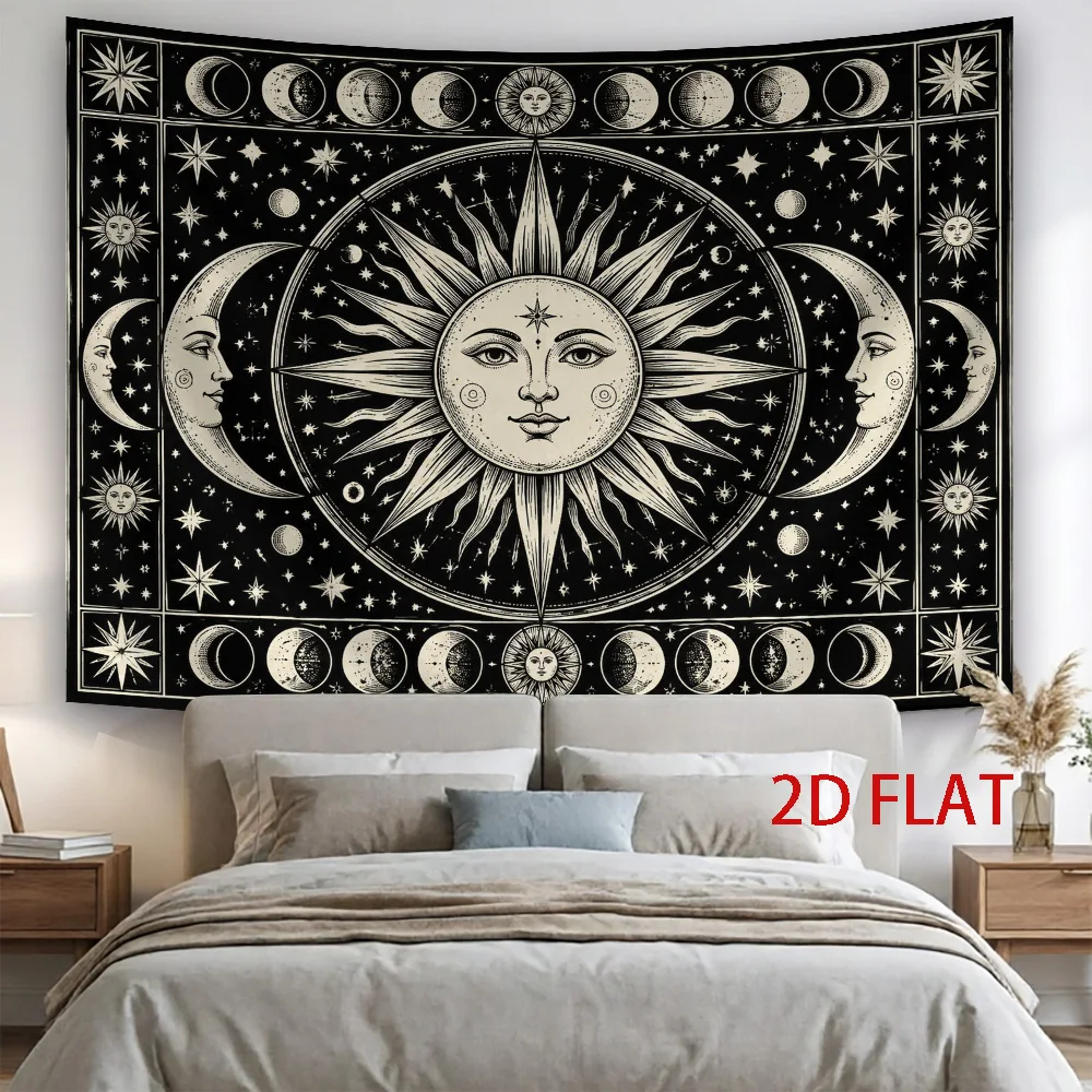 Black White Sun Moon Tapestry, Vintage Sun Face Moon Phase Star Constellation, Spiritual Witchy Print Wall Hanging for Living