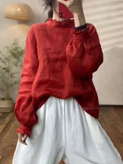 

Artistic Pure Color Lace Collar Linen Long Sleeve Women's Shirt Spring Anti-Aging Slimming Overhead Mallow Trendy Top