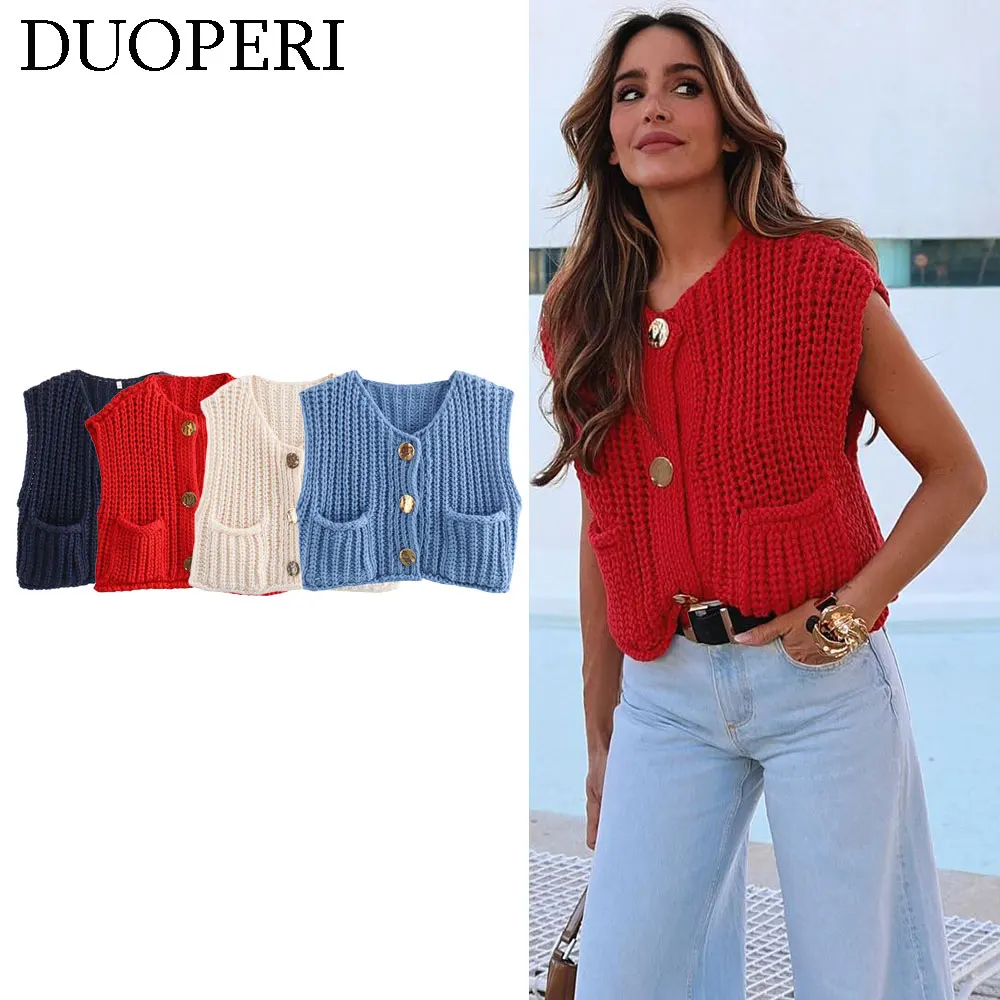 DUOPERI Women Fashion Solid Knitted Sweater Vest Tops V-Neck Sleeveless Female Chic Lady Casual Outwear Tank