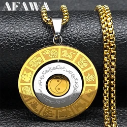 Rotating Chinese 12 Zodiac Nine Palaces Bagua Necklace for Men Women Stainless Taoism Symbol Amulet Chain Jewelry NZZZ174S02