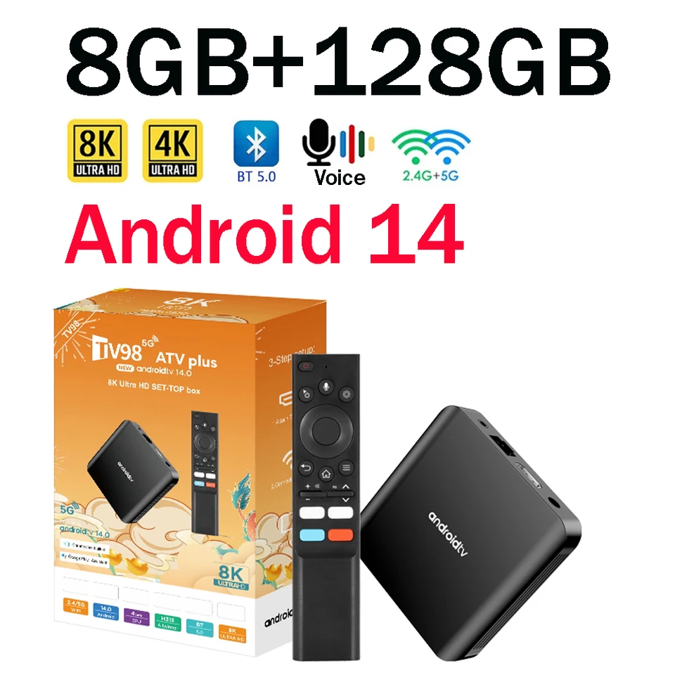 TV Box TV98 ATV Plus 8GB 128GB Android 14 Allwinner H313 Quad Core 4G 5G WiFi Doble BT5.0 Control por Voz HD 4K 8K IPTV