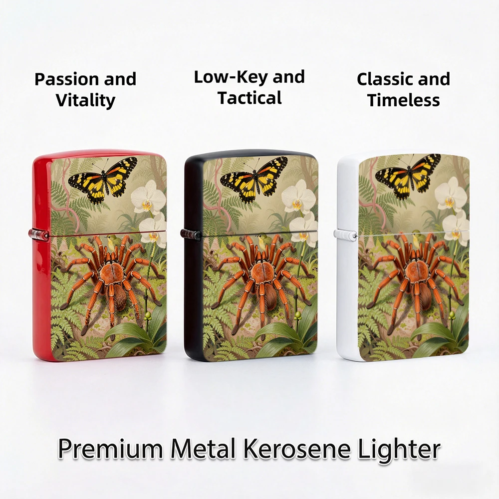 Flip Top Lighter Tarantula Spider With Butterfly Orchid And Jungle Plants Art Pattern lighters vintage lighters for smokers