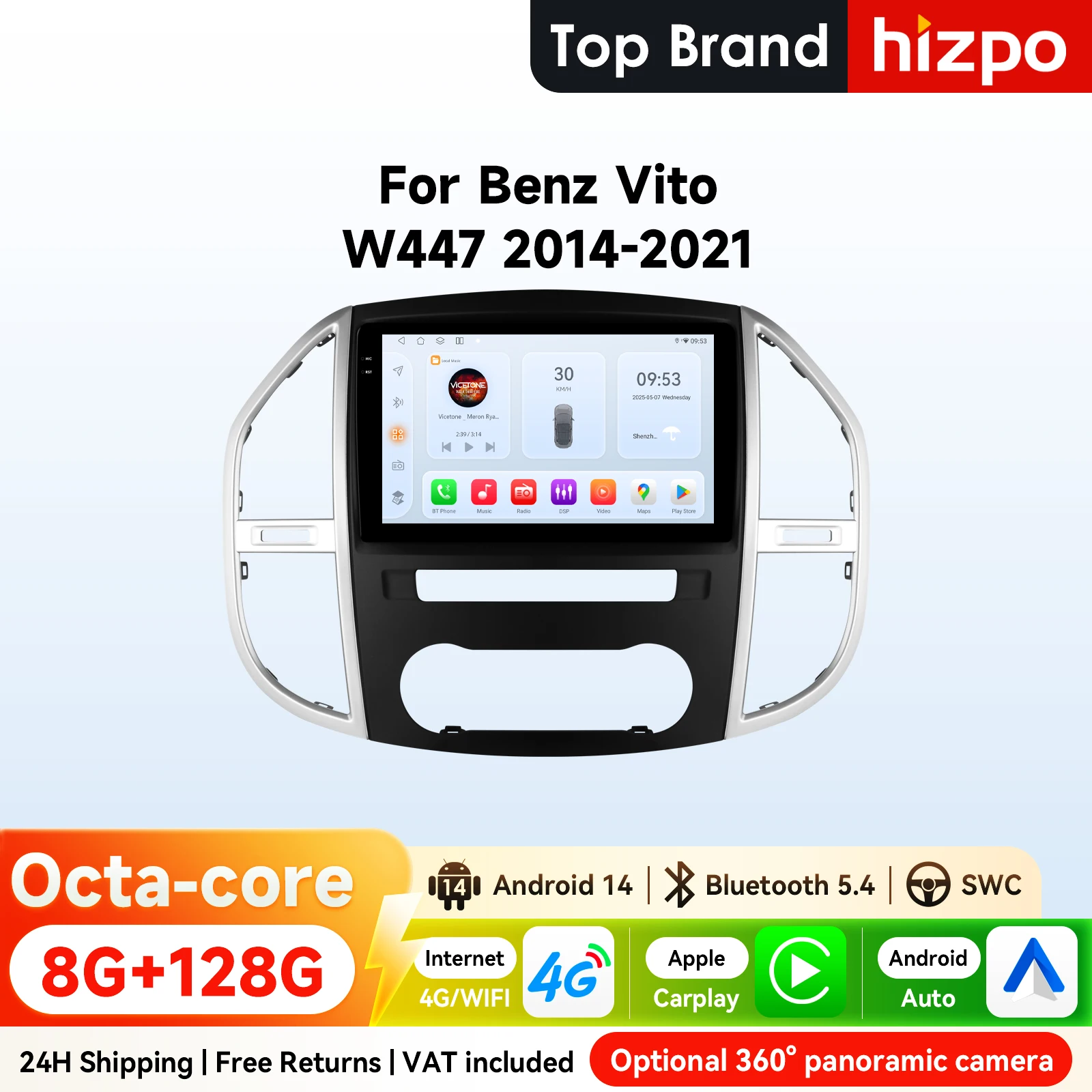 Autoradio Android Hizpo 2Din, 10.1 pouces, pour Mercedes Benz Vito W447 2014 – 2021 Snapdragon 6115 CarPlay RDS DSP, Navigation GPS 360CAM