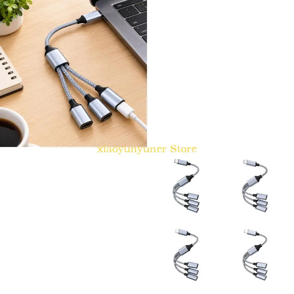 P9JB USB C Male-to-Female Splitter Cable with Metal Housings for Host-Side Charging and File Transfer Through Three Outlets