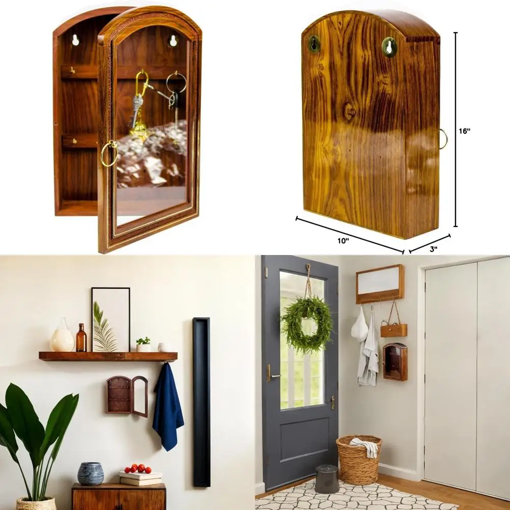 خزانة مفاتيح من خشب الورد مع 6 خطافات ولوحة زجاجية - حل تخزين مزخرف للمفاتيح #1