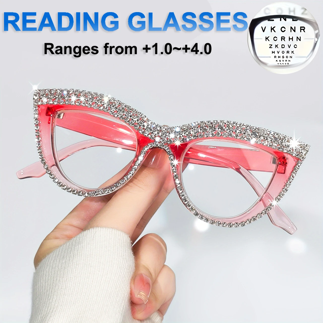 Cat Eye Rhinestone Reading Glasses Elegant Fashion Glitter Eyeglasses Readers for Women Men from +1.0 to +4.0