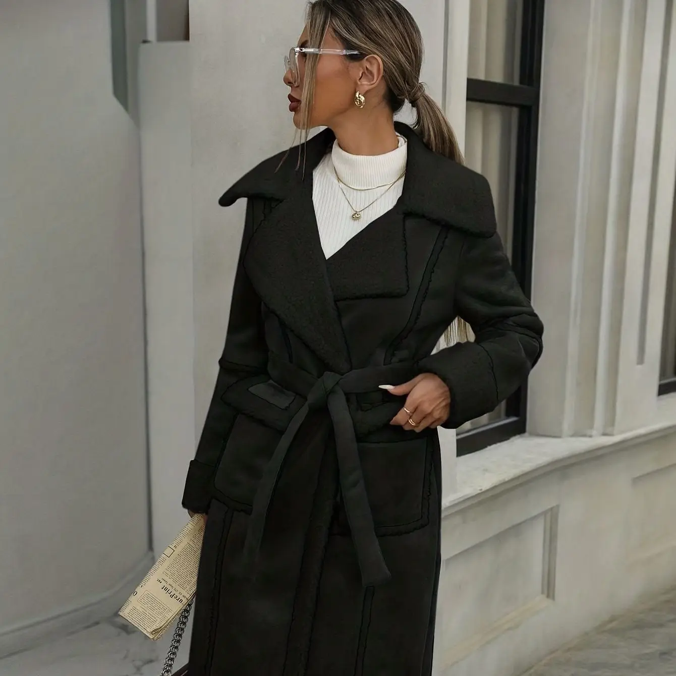 Winter Women's Cotton Jacket  Casual Retro Khaki Color  Medium Length and Plush Warm Jacket