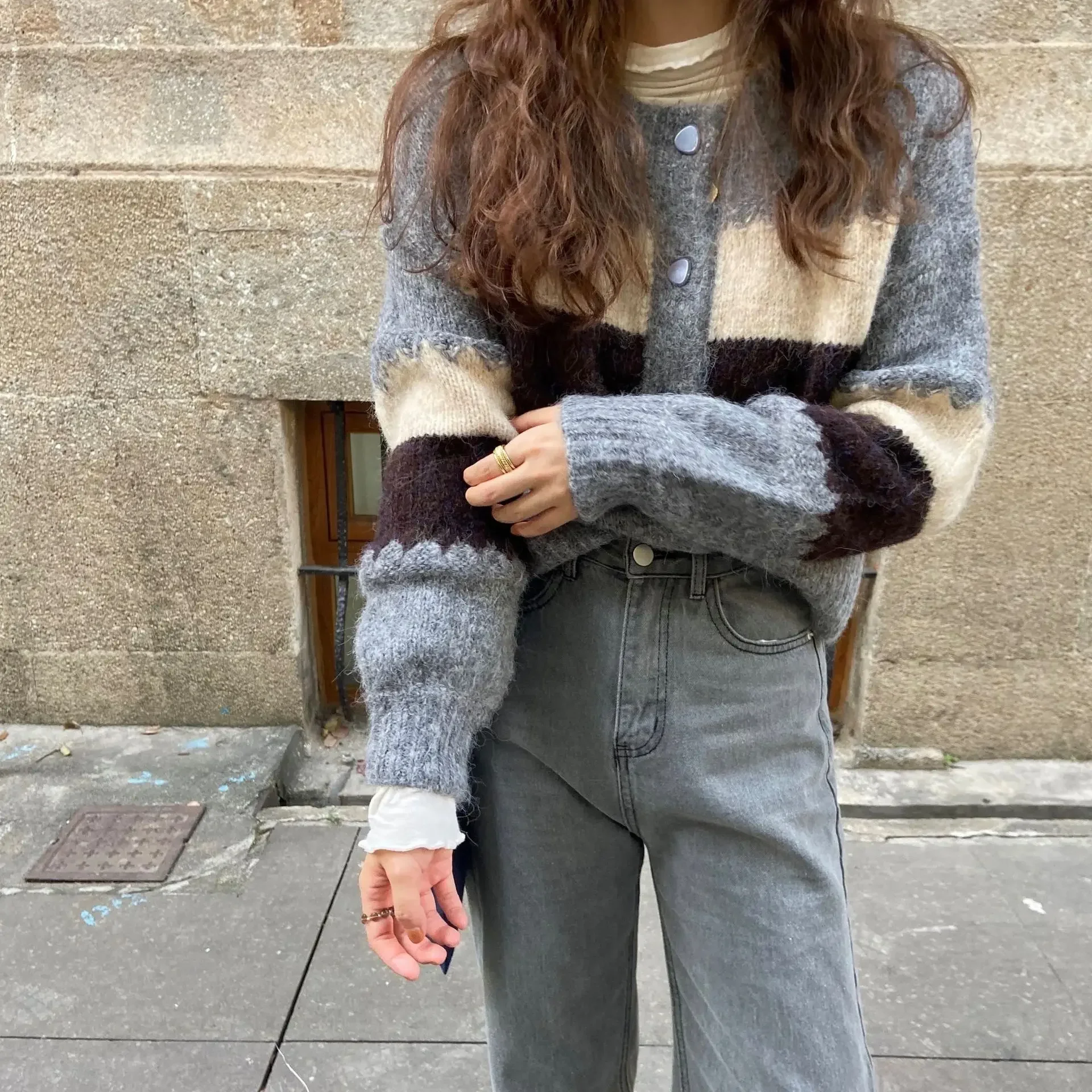 

Корейский свитер-кардиган с эффектом утолщения, женский осенне-зимний вязаный свитер с длинными рукавами и круглым вырезом