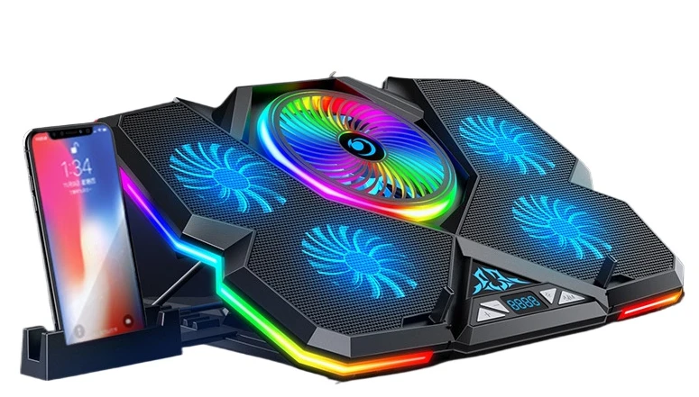 

2022 Coolcold Laptop Cooler RGB Gaming Notebook Cool Stand Ergonomics Five Fans 2 USB Ports With HD Display For 14-17inch