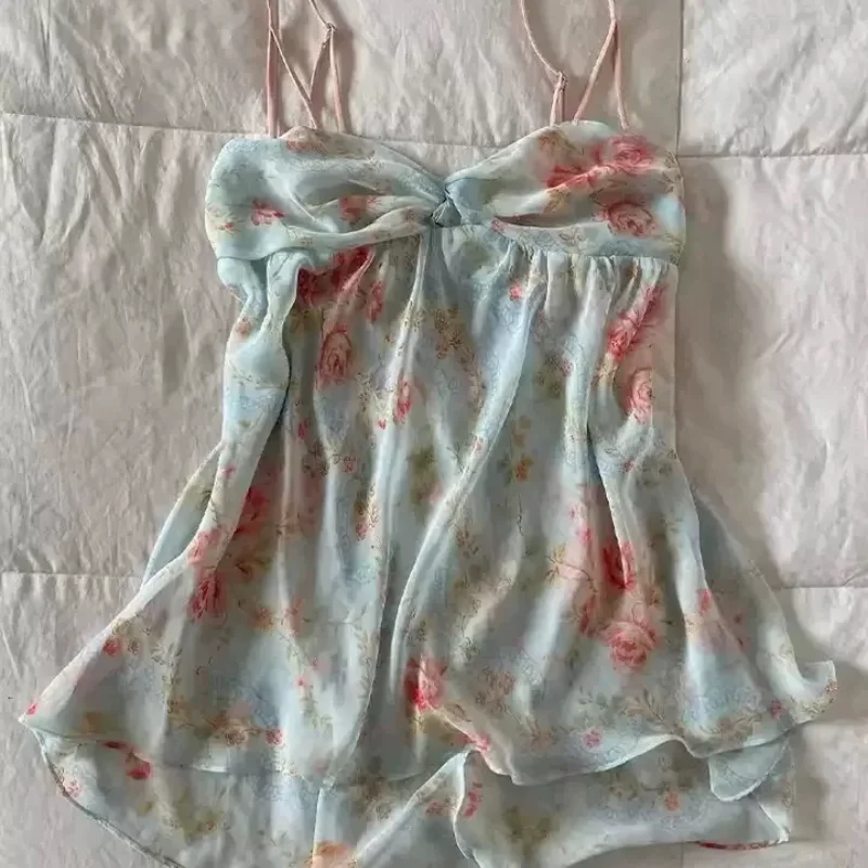 

Summer 2025 Floral Print V-Ne Retro Tie-Detail ter Ne Top Women's French Sle Tank Top Floral ter Ne Tie-Detail Top