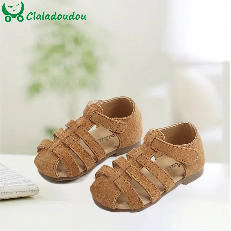 Claladoudou Genuine Leather Gladiator Sandals For Kids Girls Solid Soft Closed Toe Summer Shoes For Toddler Ankle Boots Sandal