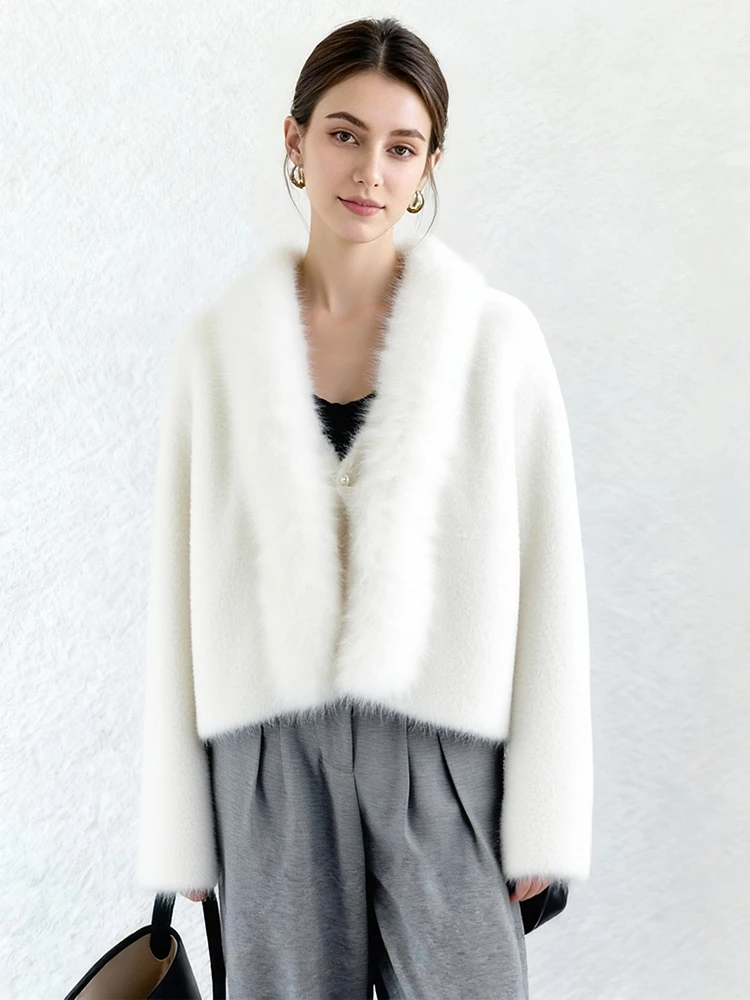 

Autumn Winter Mink Fur Knitted Cardigan Coat Women Long Sleeves Single Button Jacket Female Fashion Knit Warm White Casual Coat