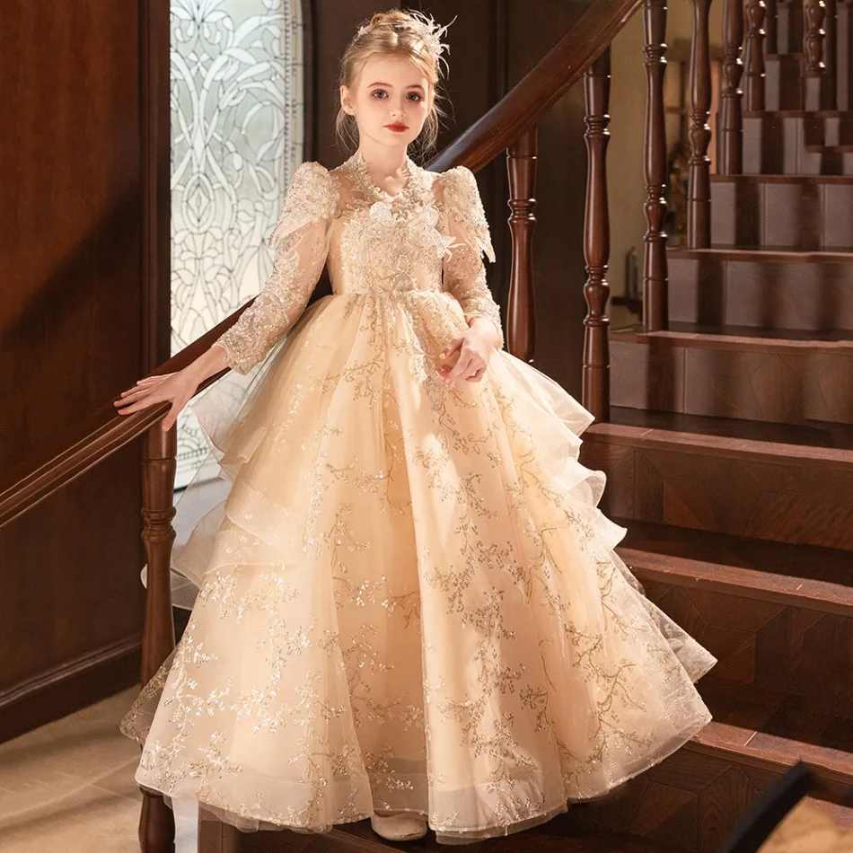 Luxury White Sequins Printing Flower Girls Dress For Wedding Party Butterfly Baptism Gowns Tulle High Neck Kids Birthday Dresses