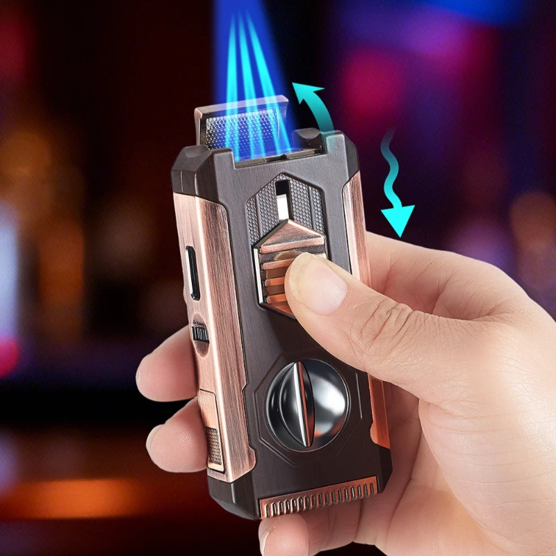 Creative Five-in-one Three-fire Straight Cigar Lighter with V-shaped Cigar Cutter Portable Multi-function Lighter