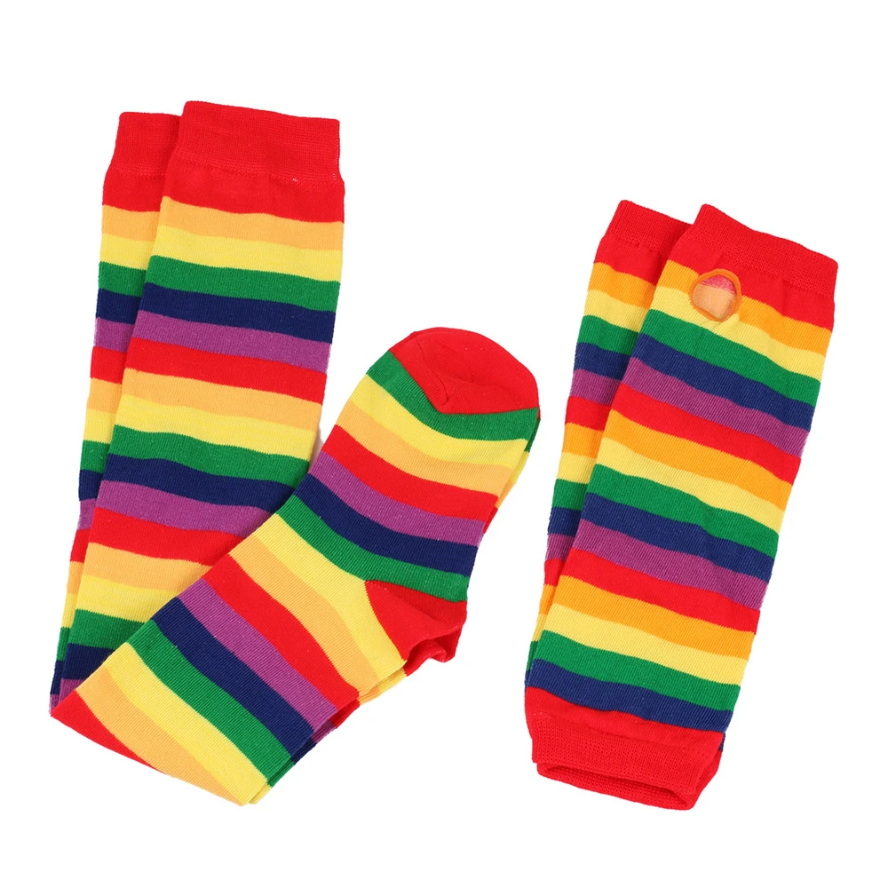Winter Rainbow Striped Long Gloves Over-the-knee Stocking Set Arm Sleeves JK Uniform Thigh High Socks Unisex Carnival Party Prop