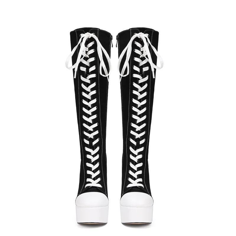 Botas altas de lona para mujer, zapatos de tacón Ultra alto de estilo europeo, plataforma con cordones de Lolita para mujer, Botas de moda para primavera y otoño