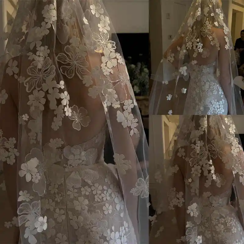 Exquisite Appliques Bride Cathedral Bridal Veils Lace Edge 1 Layer With Comb Wedding Veil Wedding Accessories Customized