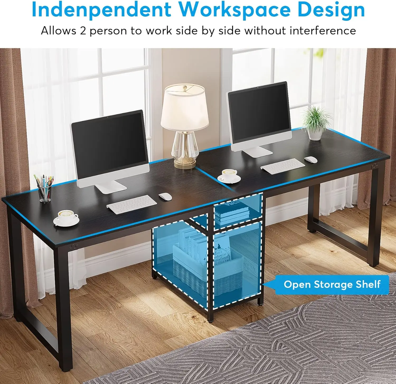 78 Inches Computer Desk, Extra Large Two Person Office Desk with Shelf, Double Workstation Desk for Home Office(Black)